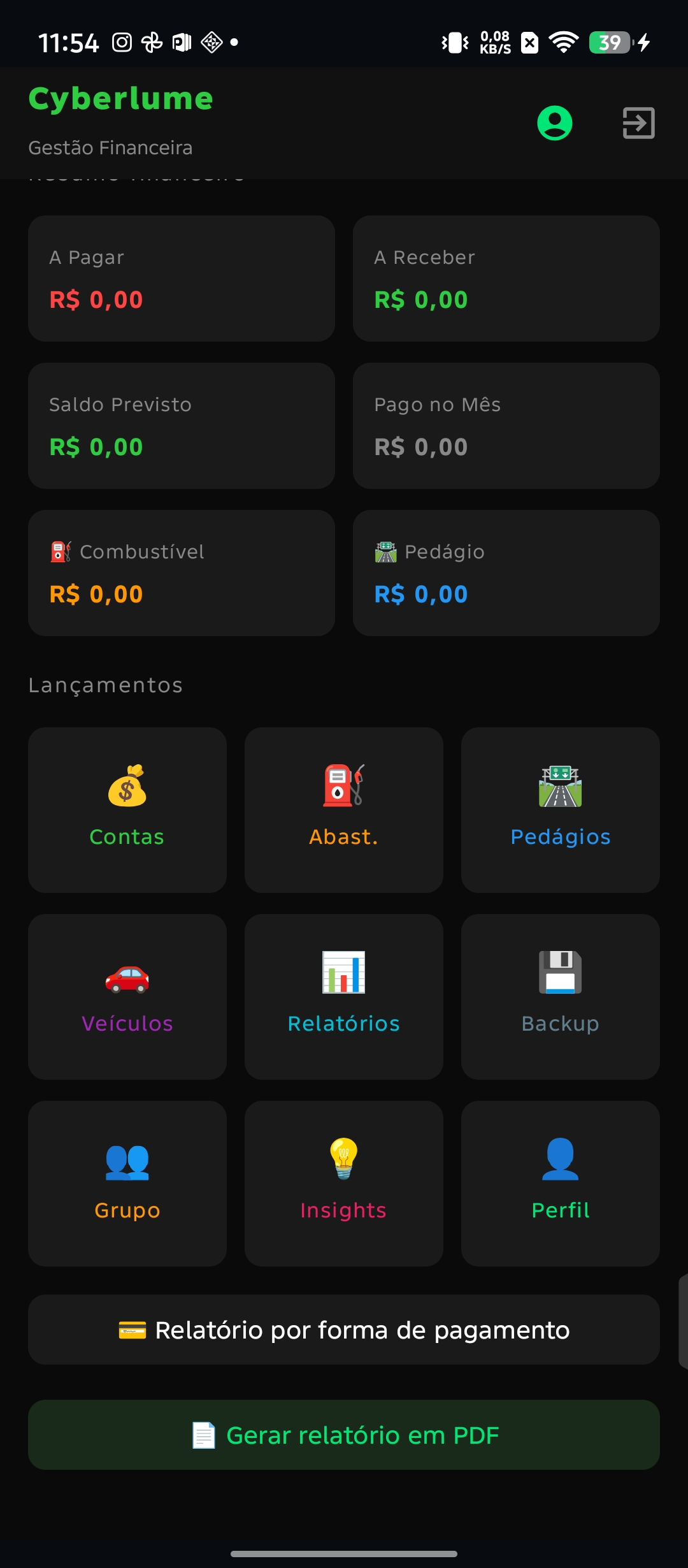 Tela inicial do Cyberlume Gestão Financeira com resumo de contas e lançamentos