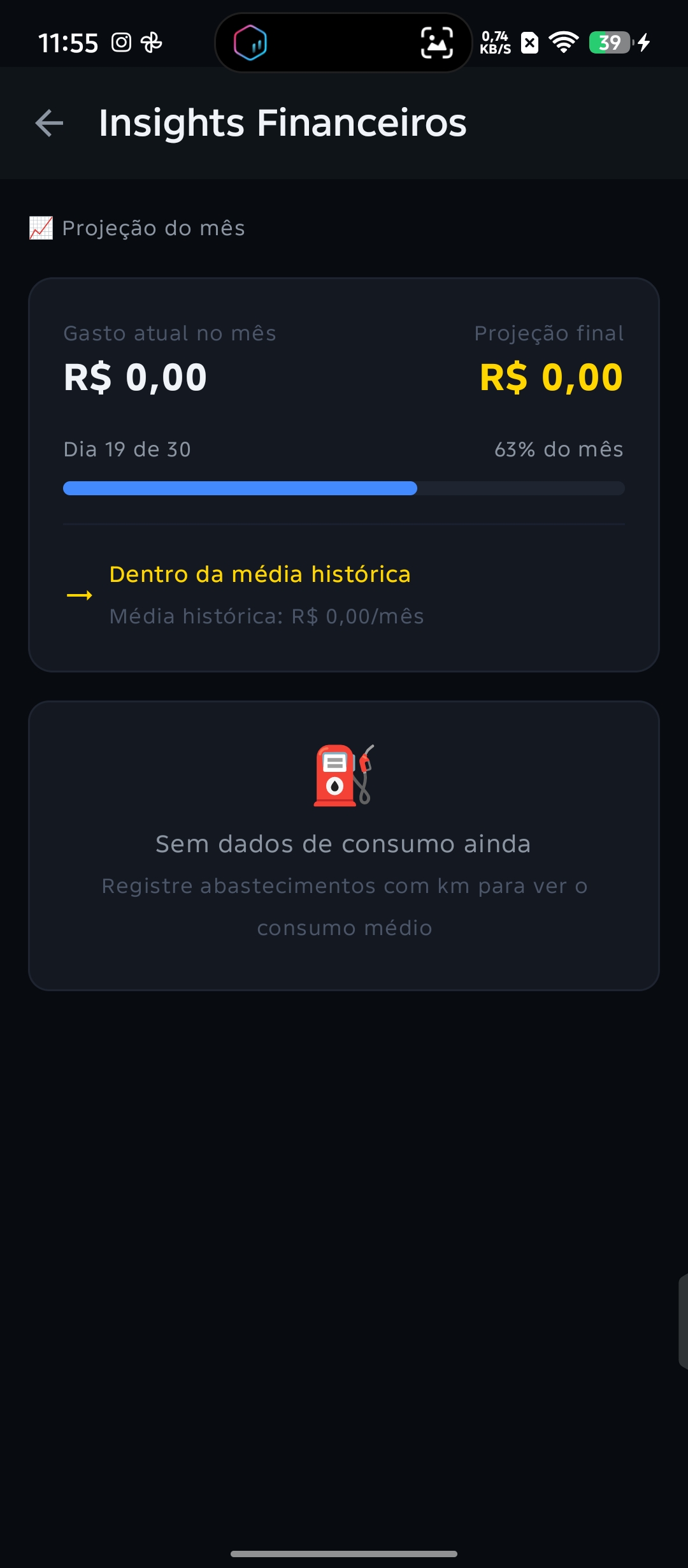 Tela de insights financeiros com projeção do mês