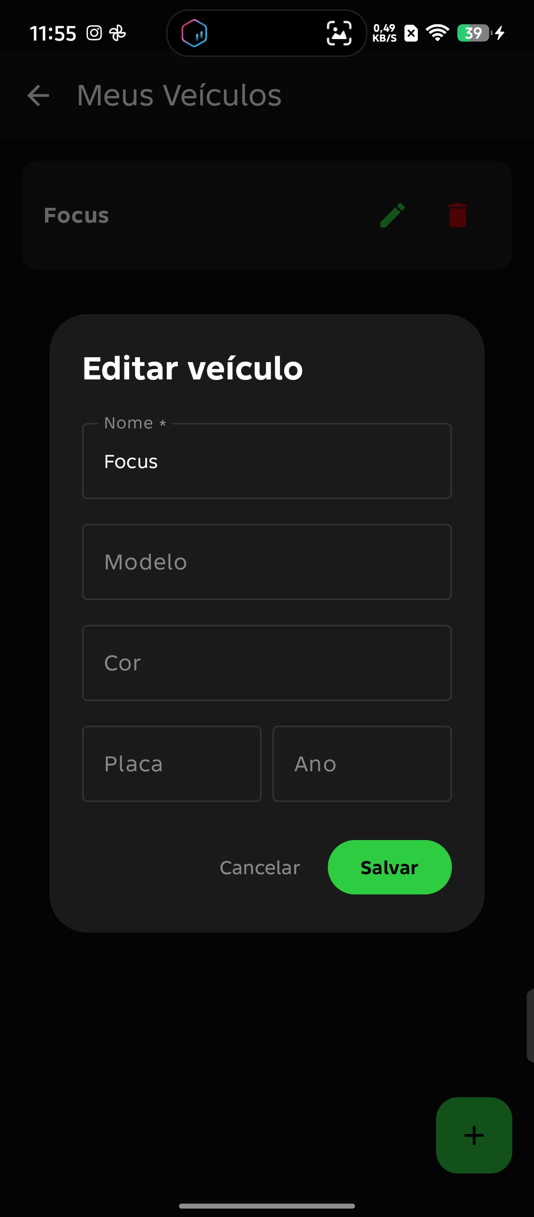 Tela de cadastro e edição de veículos