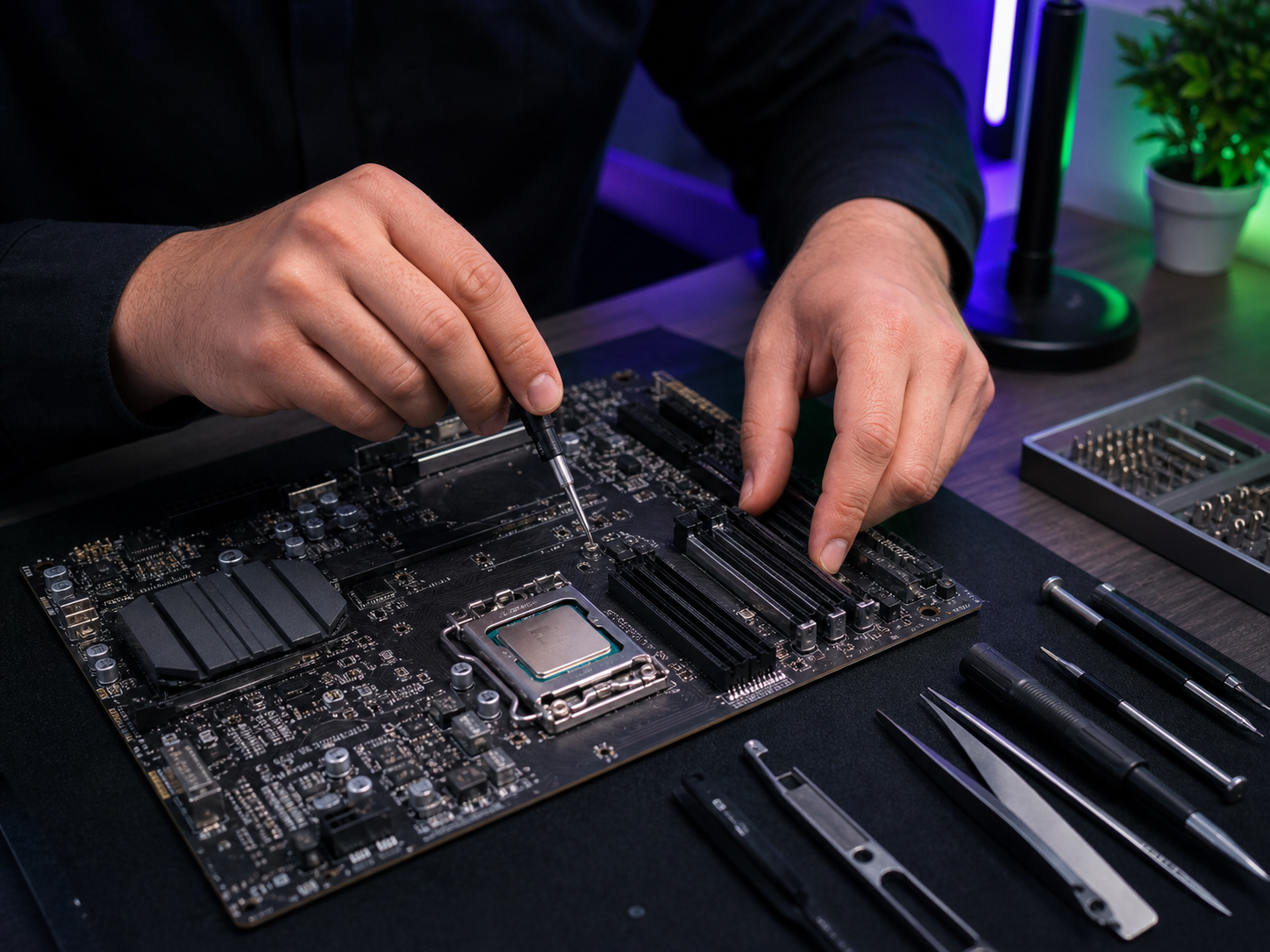 Técnico realizando manutenção cuidadosa em componentes de computador